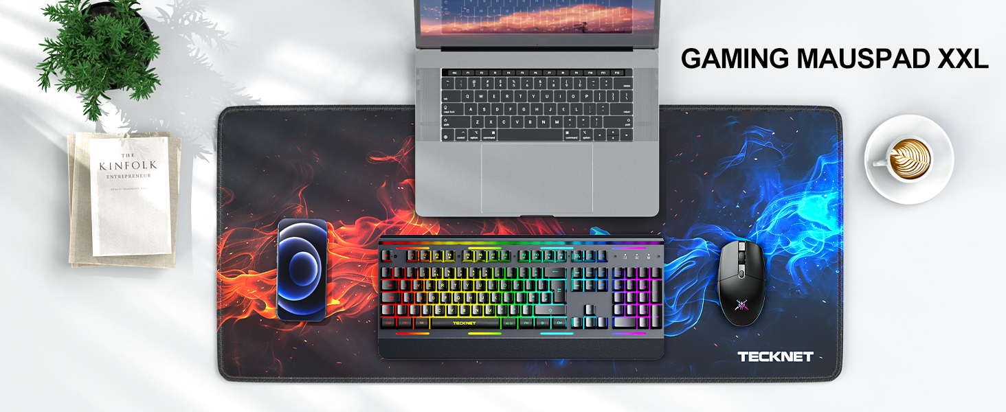 TECKNET XXL килимок для миші Speed Gaming, 900x400 мм, чорний, для геймерів, вологостійкий, з покращеною поверхнею для точності та швидкості, антиковзаюча гумова основа (дизайн 