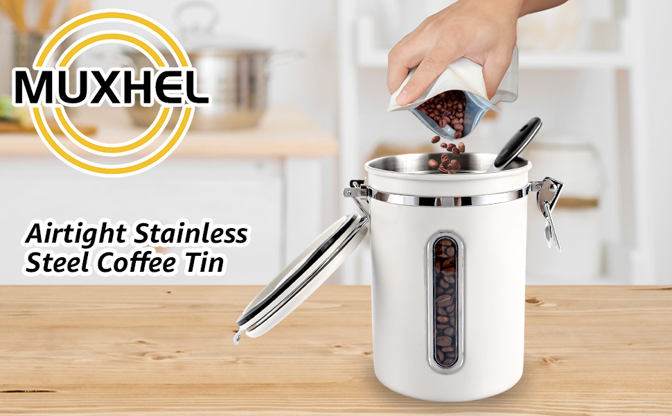 Контейнер для кави 1800 мл з прозорим вікном, з нержавіючої сталі, з ложкою, білий, для кавових зерен, чаю, горіхів, какао