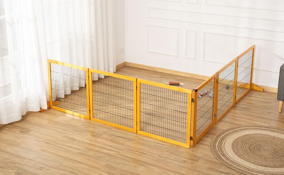 Захисне ґратка для собак PawHut - регульоване, самостійне, дерев'яне, 6 панелей, жовте. Захист від сходів, дверей, проходу. Розміри: 70H x 432B см