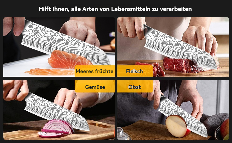 Ніж Santoku Cutiore 7 дюймів: професійний кухонний ніж з нержавіючої сталі EN.4116, з захистом пальців та точилкою в подарунковій коробці