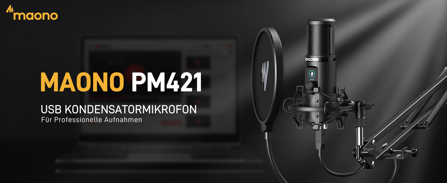 MAONO USB мікрофон PM421 для ПК, стримінгу, запису, YouTube, Twitch, PS4/5. Конденсаторний мікрофон з поп-фільтром та кнопкою вимкнення мікрофона. 192 kHz/24 Bit