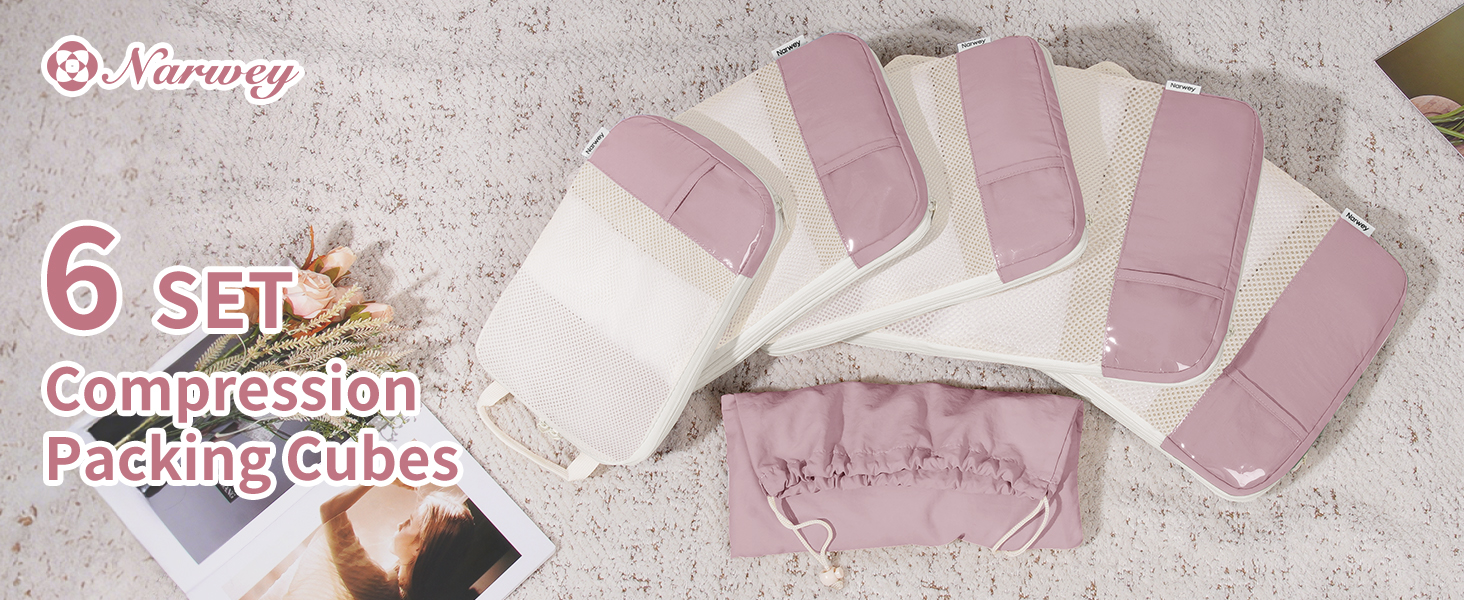 Набір органайзерів для валізи Narwey (6 шт.) - кубики для пакування з компресією, бежевий. Організація подорожей та зручне пакування речей.