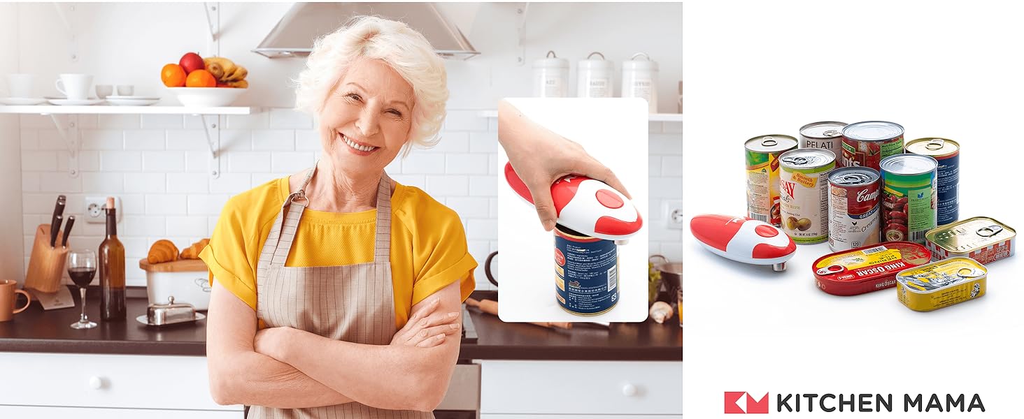 Автоматична електрична відкривачка для консервів Kitchen Mama, безпечна, зручна, без рук, гладкий край, харчова сталь, на батарейках, червона