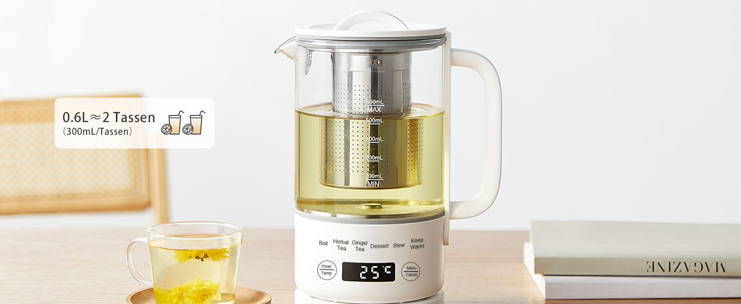 Електричний чайник Glas 0.6L, 500W, регулювання температури 40-75°C, таймер, сенсорне управління, BPA-free, компактний, для кухні/спальні/кемпінгу, для чаю/кави, білий
