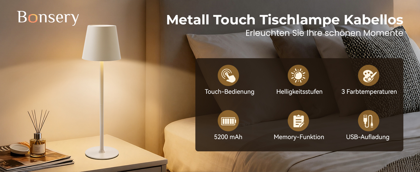 Настільна лампа бездротова акумуляторна Metalux Beige: світлодіодна, диммована, сенсорна, водонепроникна для дому та кемпінгу