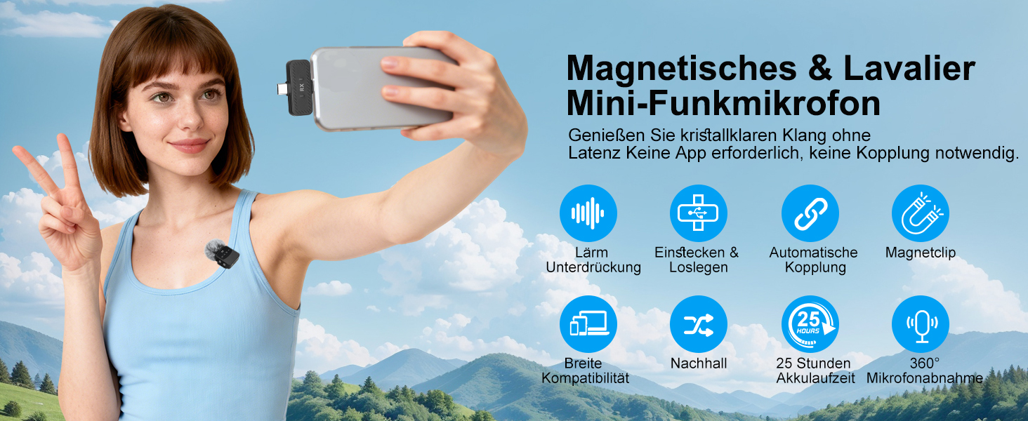 Мікрофон-петличка для iPhone/iPad/Android, бездротовий, з шумозаглушенням, 25 годин роботи, для відео, блогів, YouTube, TikTok, Live-Stream