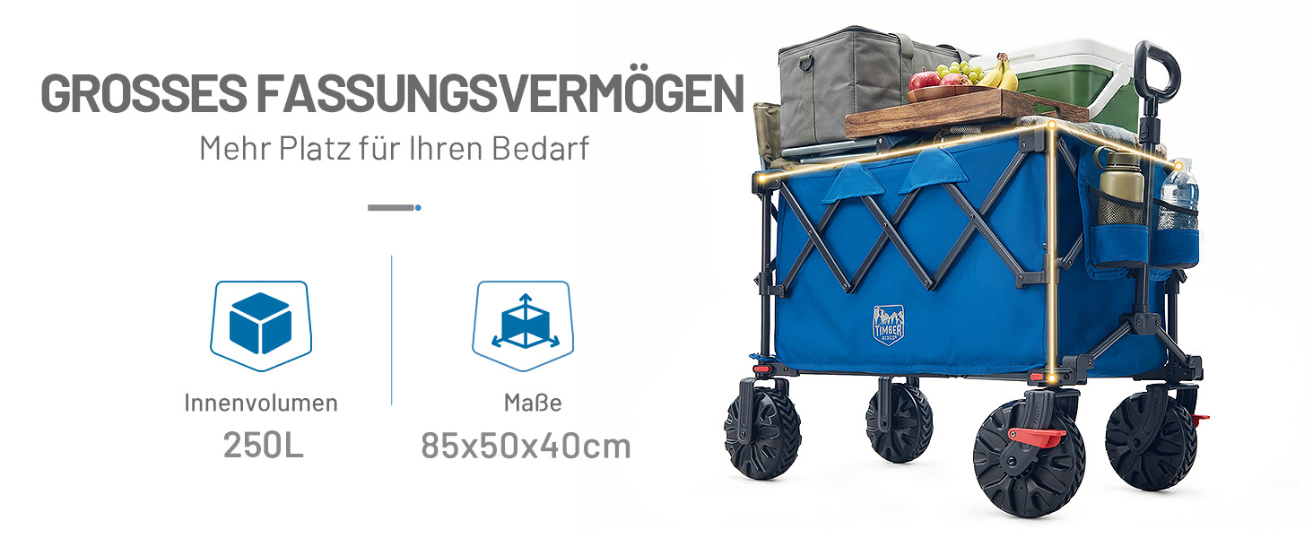 Візок-тележка Timber Ridge XXL 250л синій, складаний, універсальний для кемпінгу, покупок, саду з гальмами та тримачем для напоїв