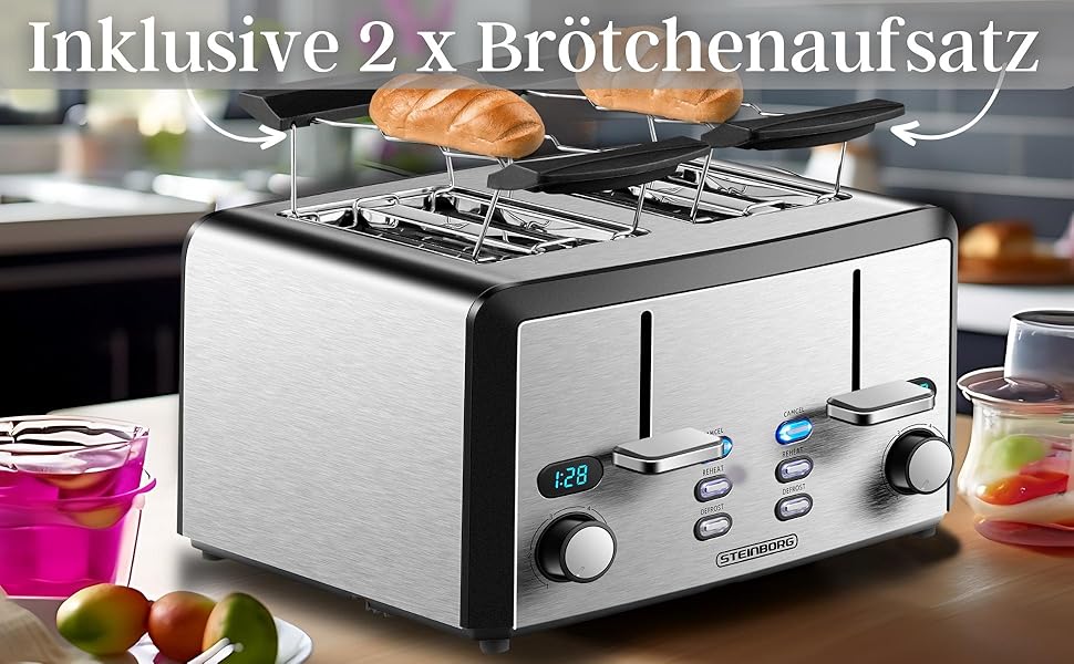 Тостер XXL з 4-ма слотами | Тостер автоматичний, 1600 Вт | Регулятор 6-ти рівнів, підставка для бургерів, функція розморожування, з нержавіючої сталі, LED дисплей