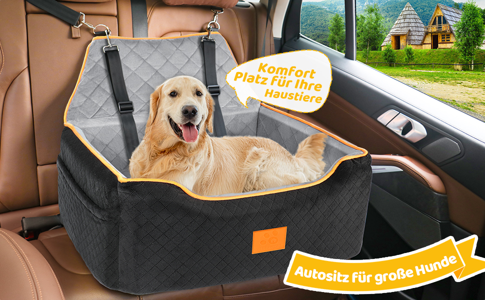 GL GLENSLAVE Dog Car Seat for Medium/Large Dogs - Elevated Pet Seat for Dogs Up to 25kg or 2 Small Dogs - Removable & Washable with Thick Cushions & Storage Pockets (Black)