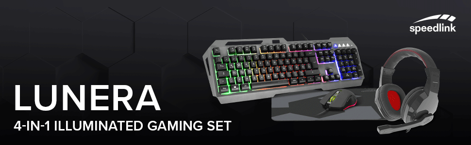 Speedlink LUNERA 4-в-1 RGB Ігровий Набір – Клавіатура, Миша, Навушники та Килимок для Миші, QWERTZ, Чорний