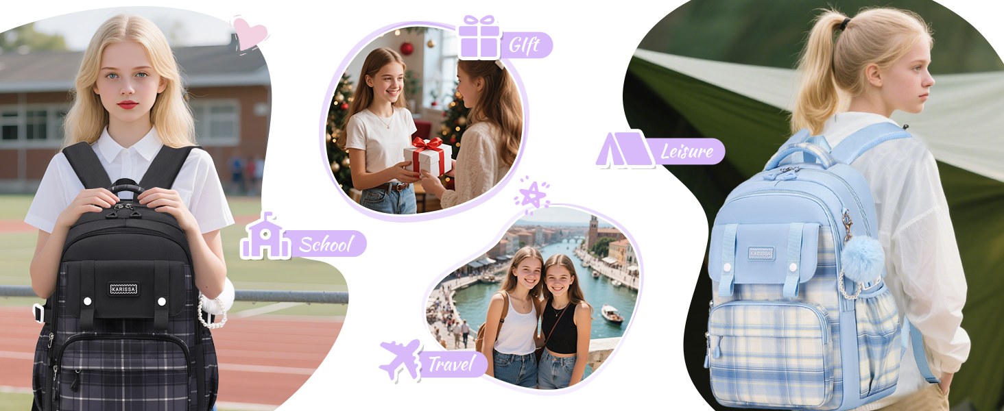 Шкільний рюкзак Tanou для дівчаток-підлітків, великий набір з сумкою через плече, в клітинку, 26L, блакитний