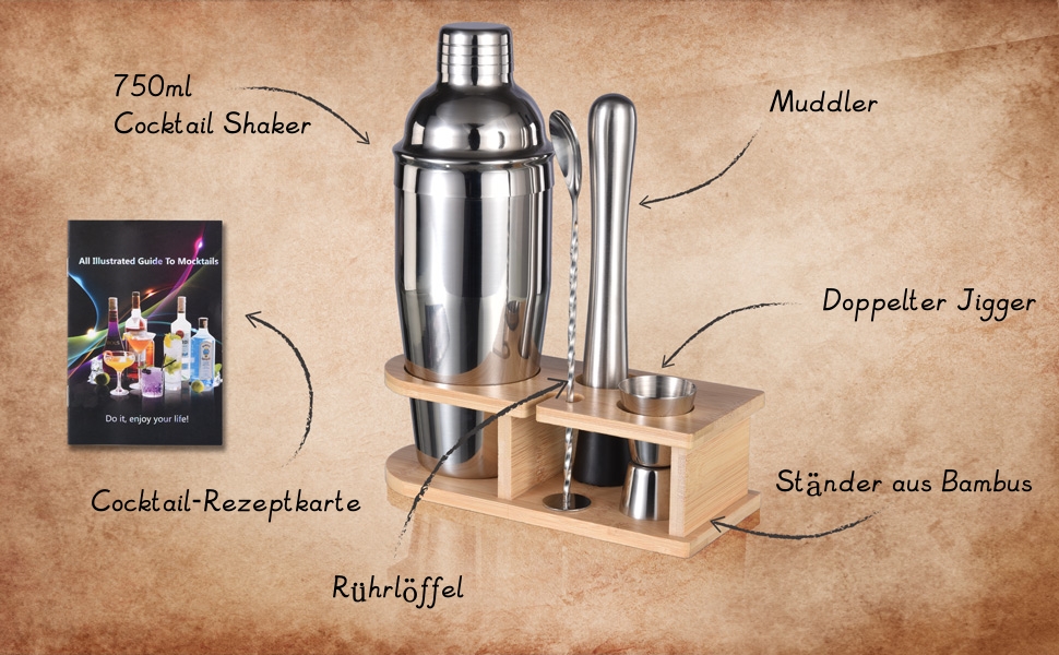 Набір шейкер для коктейлів, 5 предметів, 750 мл, нержавіюча сталь, професійний барменський набір, комплект для приготування Мартіні, барний інструмент для дому, з книгою рецептів (сріблястий)