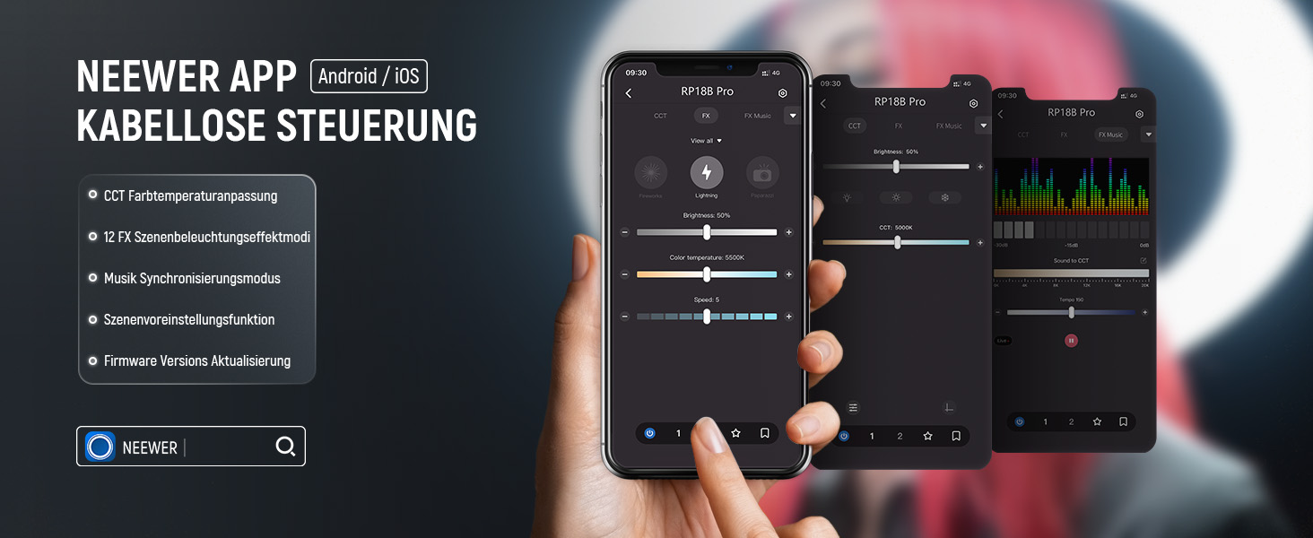 NEEWER Комплект кільцевого світла для фото та відео: 48 см, 52 Вт, регульоване LED світло, штатив, Bluetooth, рожевий (RP18B Pro)
