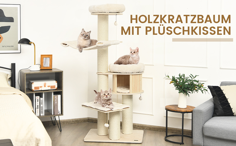 Дерев'яний котячий комплекс COSTWAY 197 см з гамаком, будиночком та кошиком, 7-ярусний, бежевий