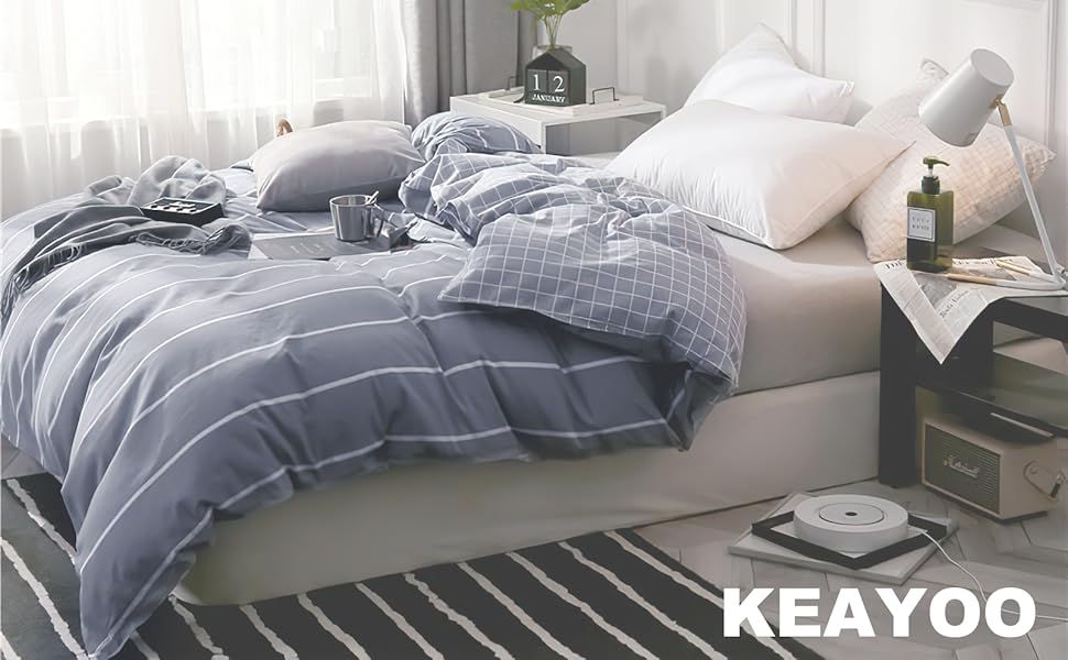 Комплект постільної білизни KEAYOO 135x200 см, бавовна, сірий в смужку, з блискавкою, 2 шт.