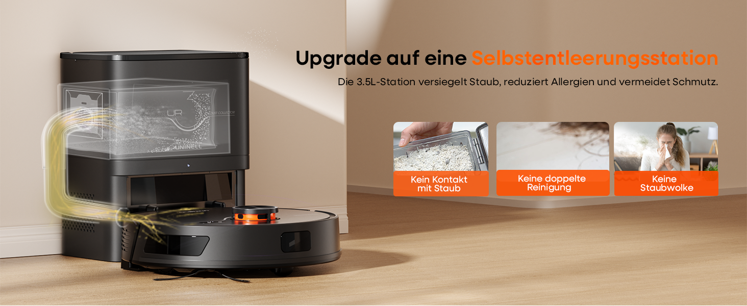 Робот-пилосос з функцією миття 7000Pa, з базою самостійної очистки 3.5L, час роботи 180 хв, LiDAR навігація, для прибирання шерсті тварин, килимів та твердих підлог, керування через додаток, чорний