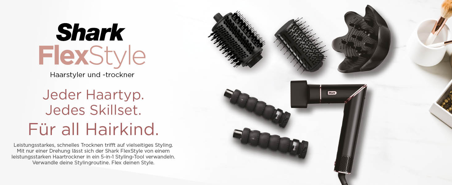 Фен Shark FlexStyle 5-в-1 з насадками для укладання, випрямлення та створення локонів – без пошкодження волосся, для всіх типів волосся (Чорний / Рожеве золото)