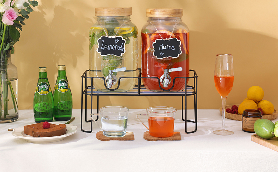 2 x 4-літрові диспенсери для напоїв зі стійкою, скляні диспенсери для напоїв з нержавіючою сталею, для газованої води, лимонаду, домашніх напоїв, вечірок, свят