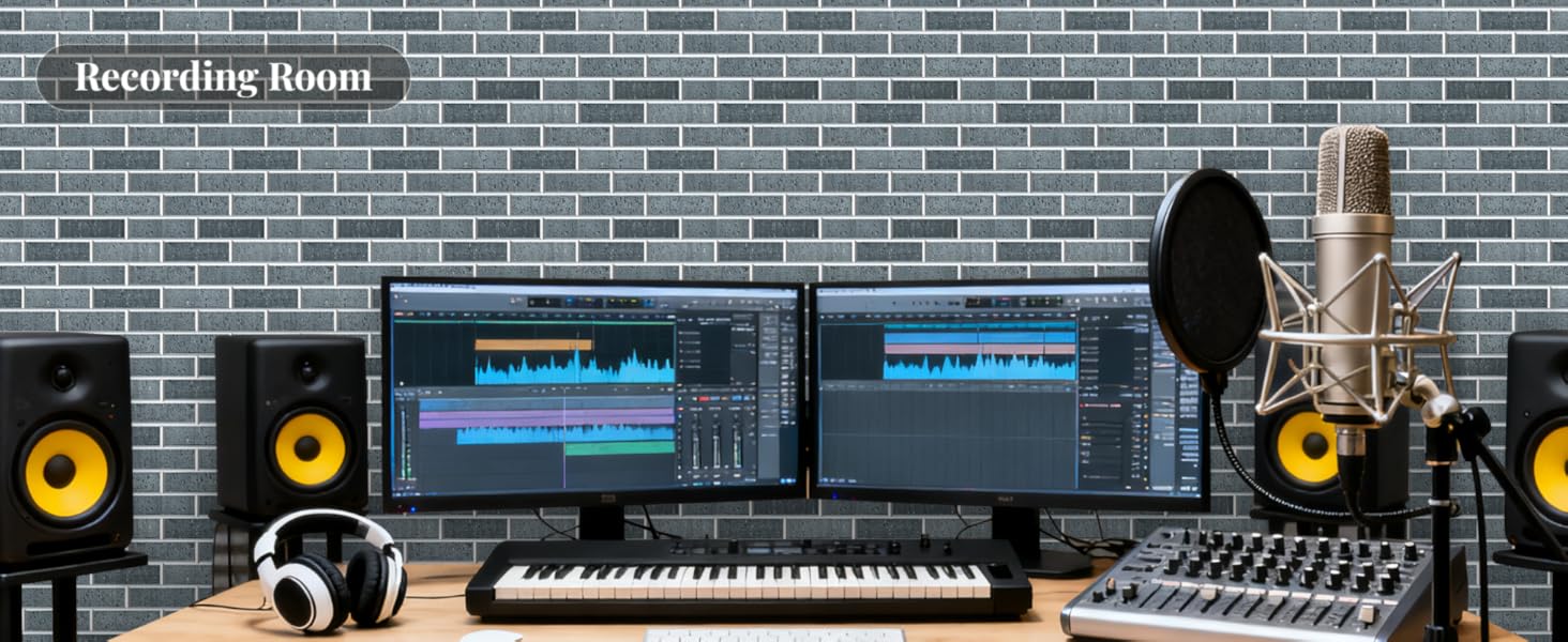 Акустичні панелі JBER самоклейні для звукоізоляції, шумопоглинаючі стінові панелі «цегляний» для студії, геймерської кімнати та офісу, 30x30x1 см, 12 шт, колір чорний крейда