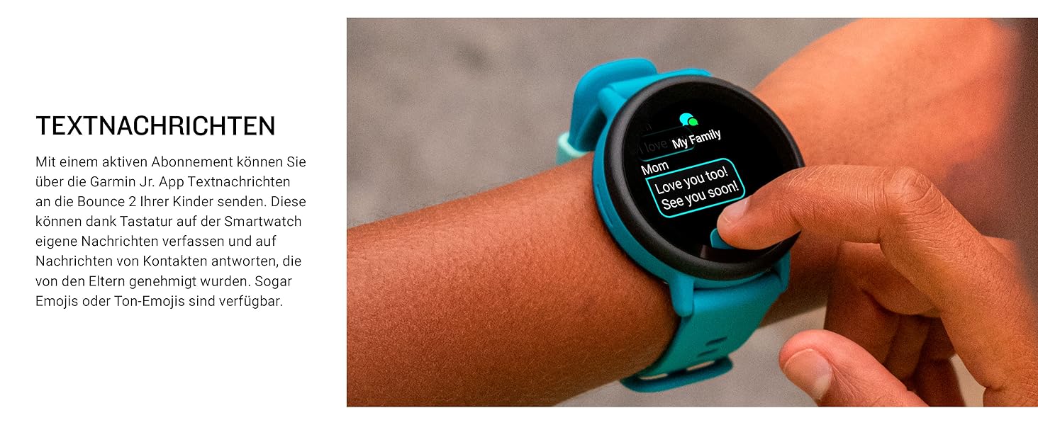 Дитячий розумний годинник Garmin Bounce 2 LTE (43 мм) - турквіс (сірий), AMOLED дисплей, 2 дні роботи, GPS, SOS, режим школи