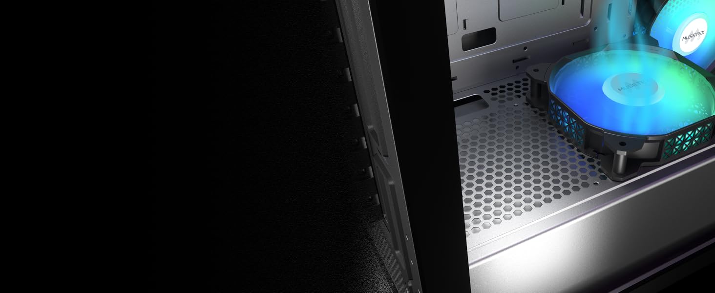 Корпус ПК MUSETEX K2: Mid Tower ATX з 7 PWM ARGB вентиляторами, подвійне панорамне скло, Type-C, чорний (42,5 x 21,2 x 47 см)