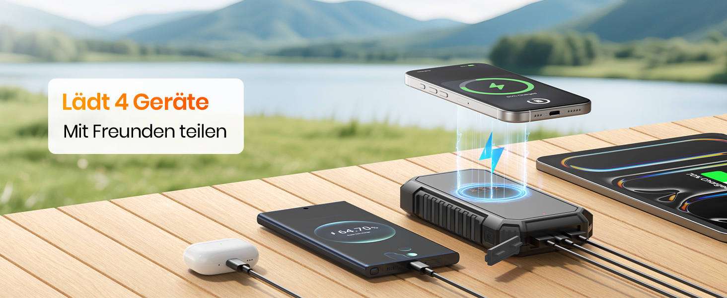 Power Bank ADDTOP 20000mAh сонячна, бездротова зарядка, USB-C, 3.0A, з ліхтариком для смартфонів та планшетів (чорний)