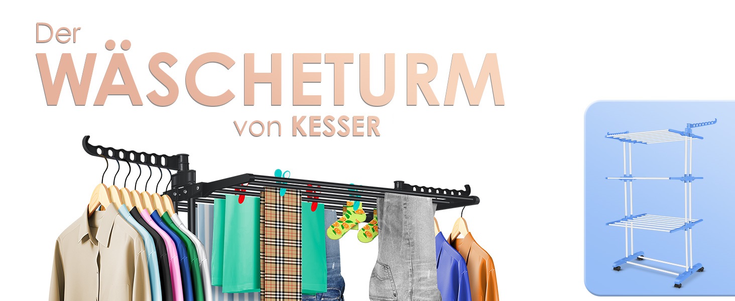 Кесер® Сушилка для білизни з колесами - тур-модель, 4 яруси, 2 обертові крила, 6 розкладних рівнів, білий/антрацит (чорний)