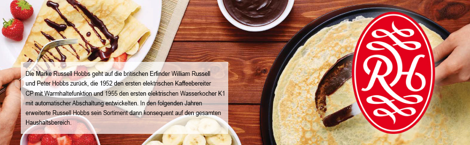 Електрична млинниця Russell Hobbs Fiesta 30 см, антипригарна, з лопаткою і розподільником тіста, 1000 Вт, для млинців, панкейків, буріто, галет, тако