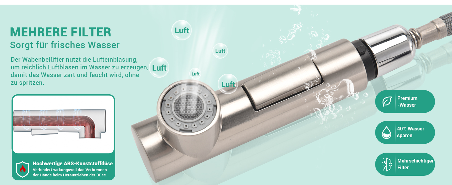 Кухонний змішувач Dayone з висувною лійкою, нержавіюча сталь SUS304, високий тиск, 2 функції, поворотна лійка 360°, L-подібна форма, G6808bn