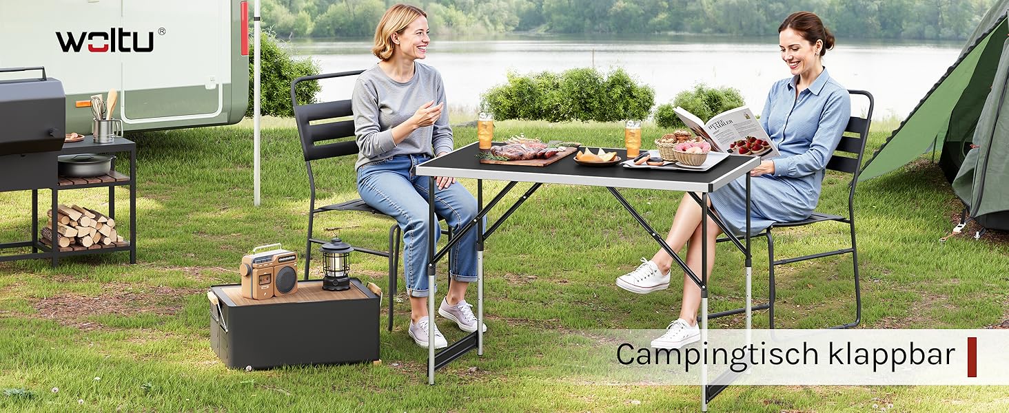 Стіл для кемпінгу та відпочинку Woltu: розкладний, регульований, 100x60 см, алюміній та MDF (Чорний)