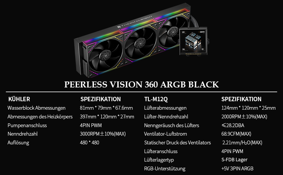 Система рідинного охолодження процесора TR Peerless Vision 360 ARGB Black, 3 PWM вентилятори, LCD-дисплей 3.95