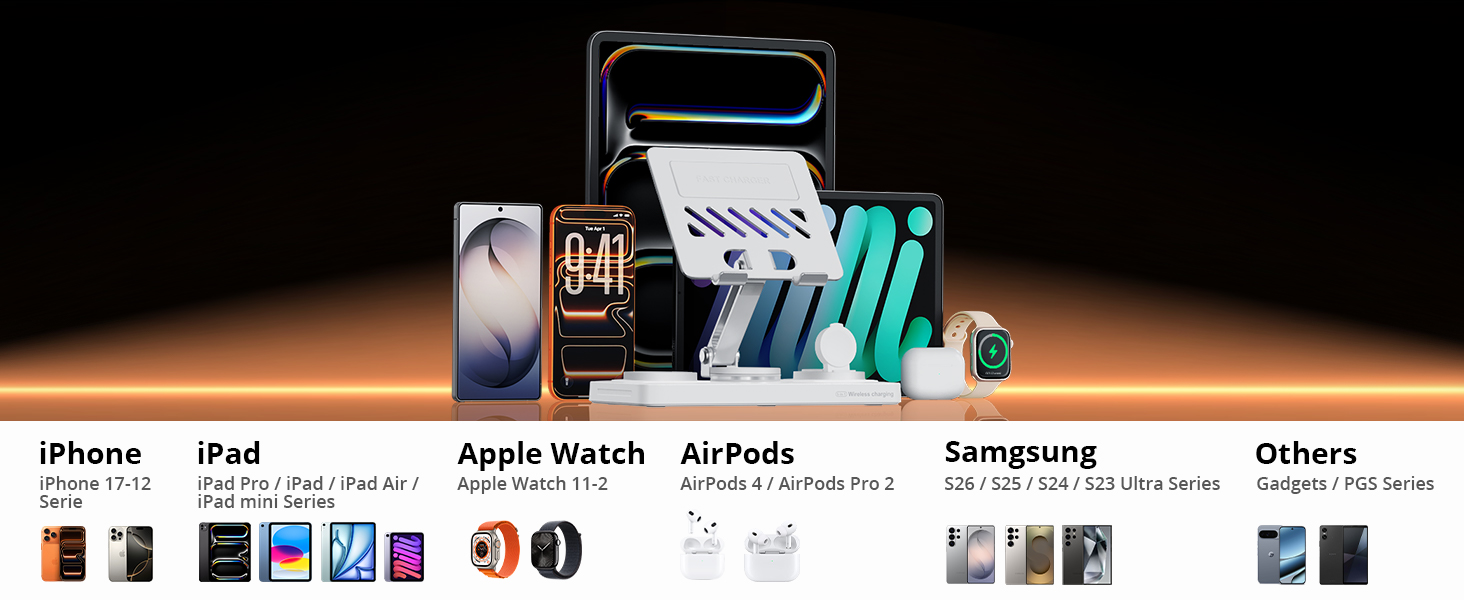Зарядна станція Geekera 4-в-1 для Apple: кабель для iPad, магнітна бездротова зарядка iPhone Air/12-17, Apple Watch, AirPods (Металевий білий)