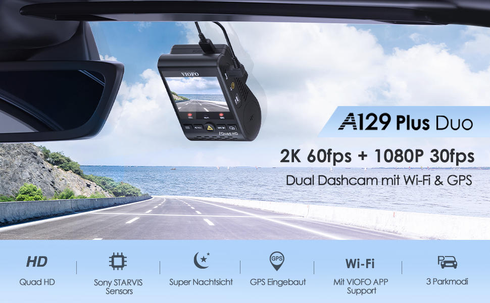 Відеореєстратор VIOFO A129 Plus Duo з двома камерами, GPS, WiFi, 2K (1440P) та 1080P, запис спереду та ззаду, моніторинг через додаток, G-сенсор, режим паркування, надсилання у випадку надзвичайної ситуації, Superkondensator