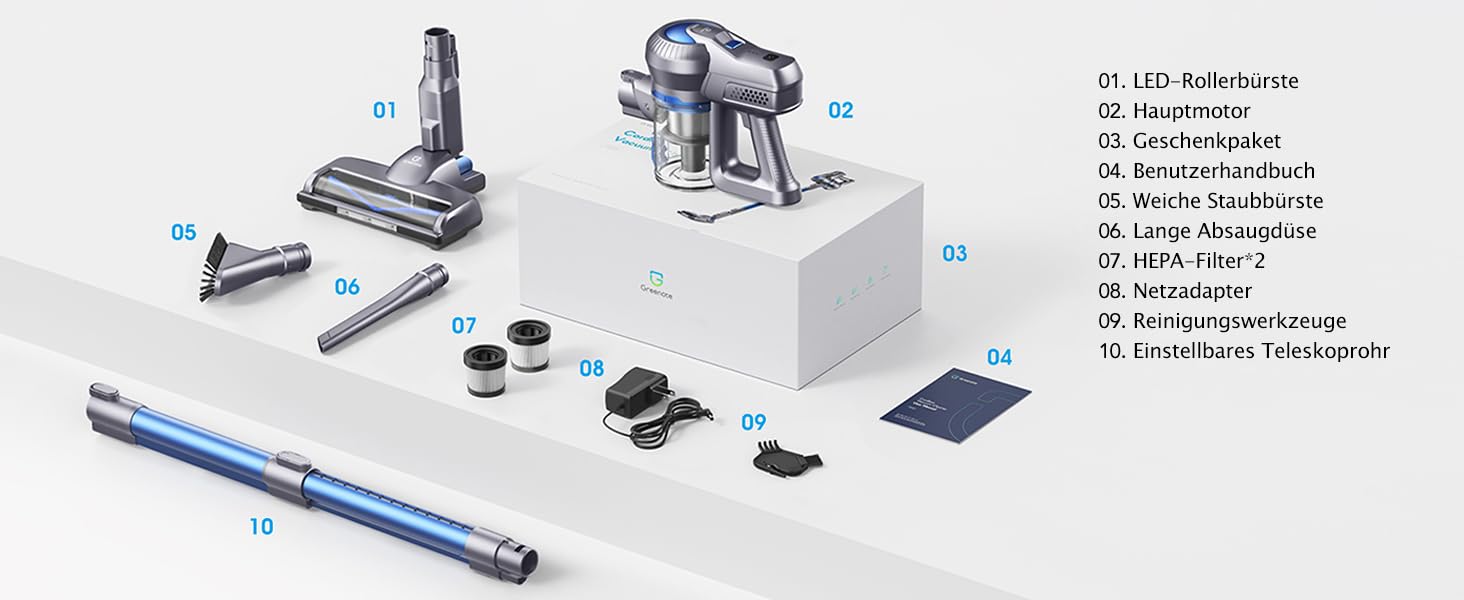 Greenote Бездротовий акумуляторний пилосос: 30 хв роботи, LED, насадка для щілин та м'яка щітка, паркування, для твердих поверхонь та шерсті тварин