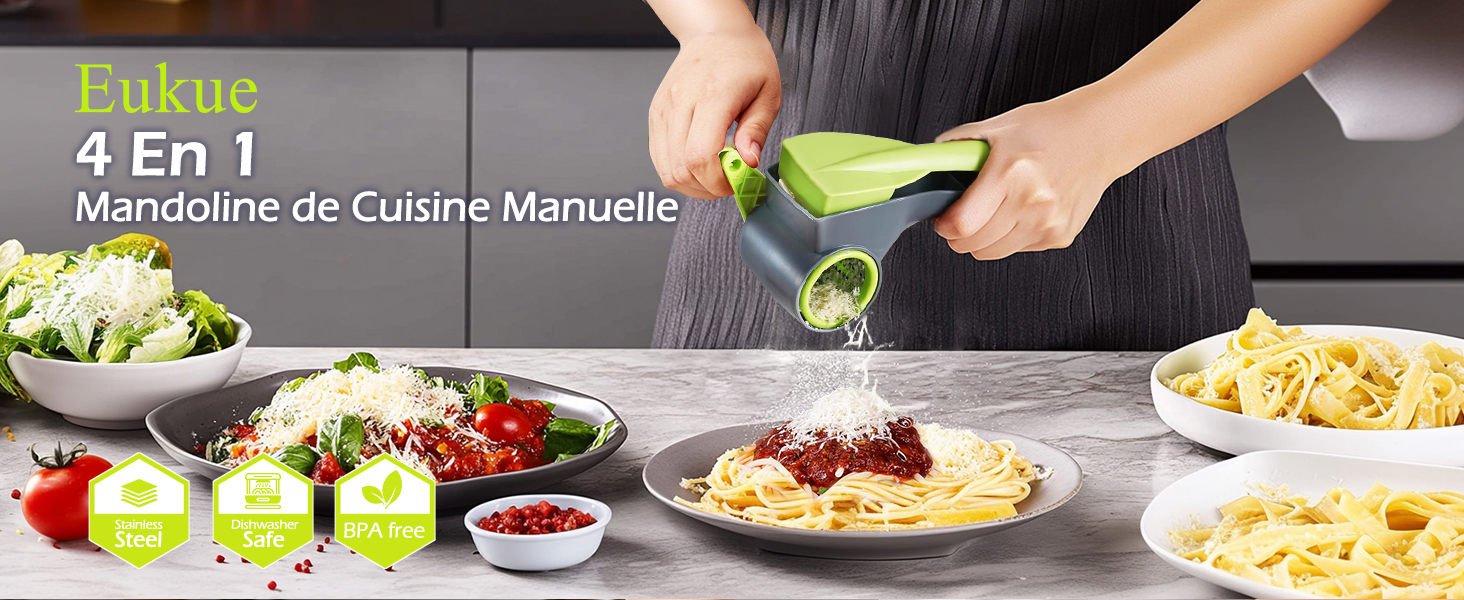 Ручна тертка для овочів 3-в-1 з нержавіючої сталі, Mandoline, терка для сиру з ручкою та 3 змінні леза, для салату, горіхів, фруктів, піци, зелені (терка для сиру сірого кольору)