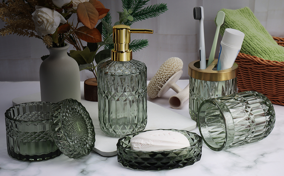 Набір аксесуарів для ванної кімнати 5 предметів, чорний дозатор для мила та лосьйону, мильничка, підставка для зубних щіток, стаканчик, склянка для ватних паличок, прозорий скляний бокс (Зелений)