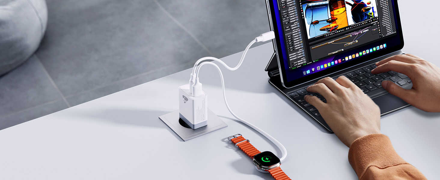 Зарядний пристрій USB C з двома портами, 20W, PD 3.0, Power Adapter з кабелем USB C - USB C 2м, для iPhone, Samsung та інших смартфонів, білий