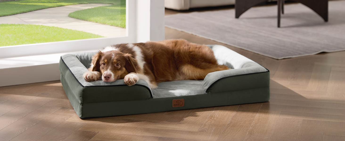 Ортопедичне ліжко для собак BEDSURE - 89x63 см. Зручне ліжко-софа для собак середніх порід, з ергономним наповнювачем, сірого кольору. Легко миється, не ковзає. Розміри: 89 x 63 x 17 см.