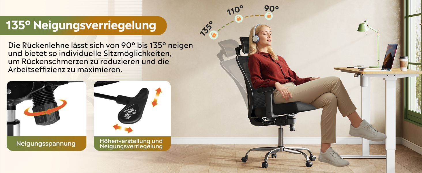 Офісне крісло Devaise: ергономічне крісло з регульованою підголівником та поперековою підтримкою, 3D-підлокітники, 3-рівневий нахил, дихаюча сітчаста тканина для дому та офісу (Чорний)