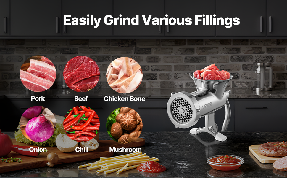 М'ясорубка ручна VEVOR з нержавіючої сталі, з присоскою та насадками для ковбас (38 см)