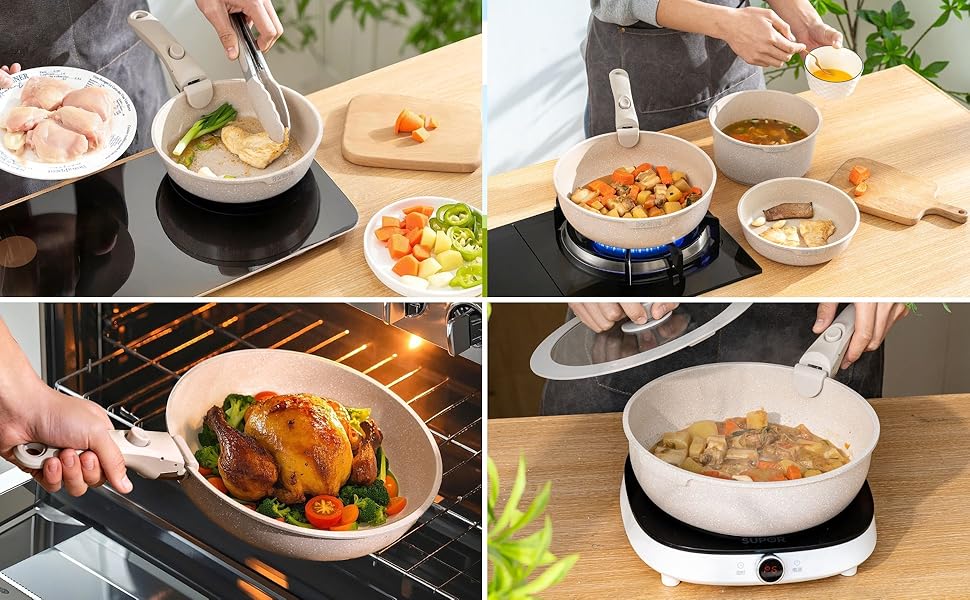 Набір посуду BOREINE 14 предметів: каструлі та сковороди з антипригарним гранітним покриттям (PFOA-free), знімні ручки, для всіх типів плит (індукція, склокераміка, газ, духовка), коричневий