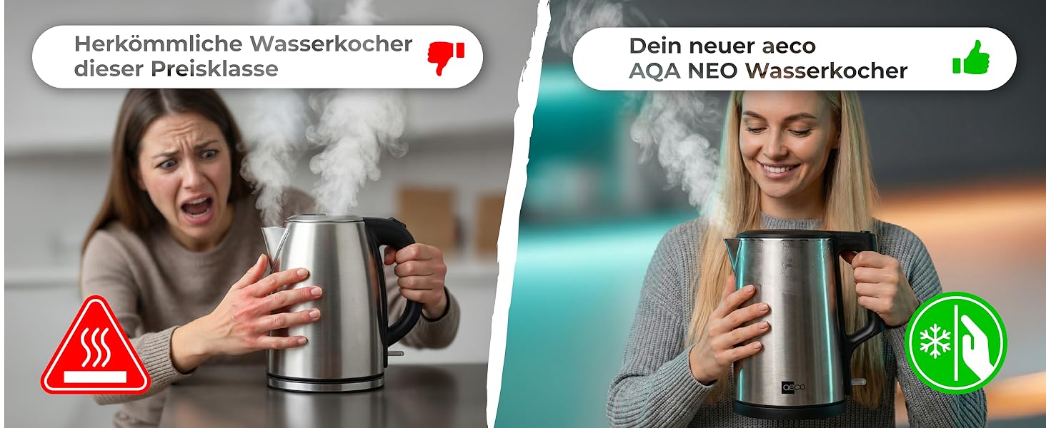 Електричний чайник Aeco AQA NEO з нержавіючої сталі, 1.7 л, 2150 Вт, без BPA, фільтр від накипу, бездротовий, CoolTouch, шампань сріблястий