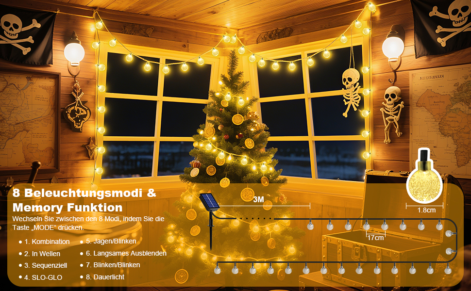 Сонячна гірлянда для вулиці, 60 LED, 13.2м, 8 режимів, IP65, тепле світло. Декорація для балкона, тераси, саду, ялинки.