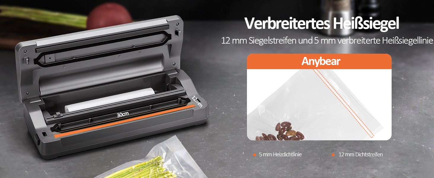 Вакуумний пакувальник 90 kPa, 100 W, широка зона запаювання, для зберігання продуктів, вбудований ніж, місце для рулонів, цифровий таймер, 2 рулони (сірий)