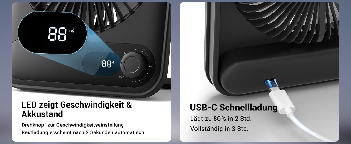 Портативний USB вентилятор WHATOOK з акумулятором 5000mAh, регулювання швидкості, LED-дисплей, чорний