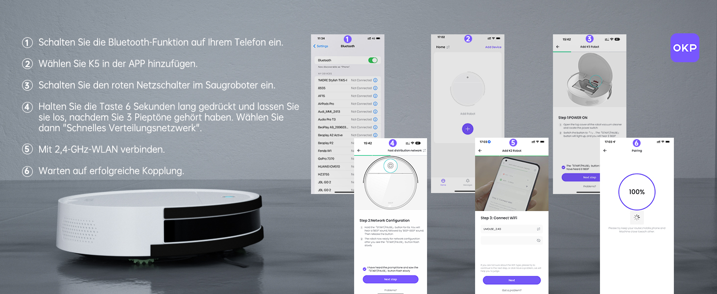 Робот-пилосос OKP K5 з потужністю 5000Pa, навігацією, HEPA-фільтром, Wi-Fi та для тварин, килимів та твердих підлог