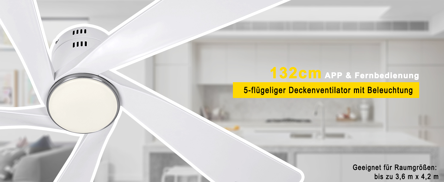 Deckenventilлятор Ohniyou 132 см (52 дюйми) з освітленням, пультом ДУ та керуванням через додаток, регульована яскравість, тихий DC-двигун, для спальні, вітальні, тераси (білий)