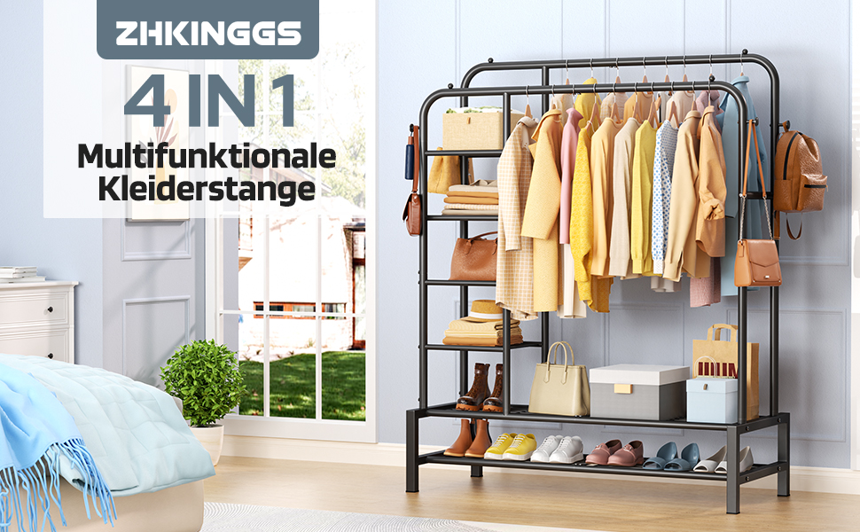 Вішалка для одягу в спальню та вітальню, подвійна, чорна - міцна конструкція 100 кг, з полицями для зберігання