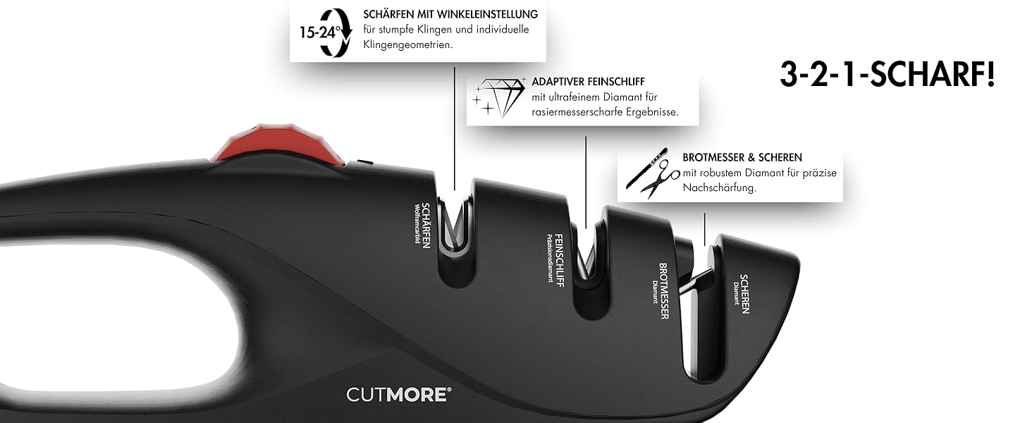 CUTMORE® Точилка для ножів Diamant - Оригінальна 5-в-1 для хлібних ножів, ножиць та ножів – професійний прецизійний кут – неслизька, проста, ефективна – відома у спільноті Hobbykoch (ProSharp)