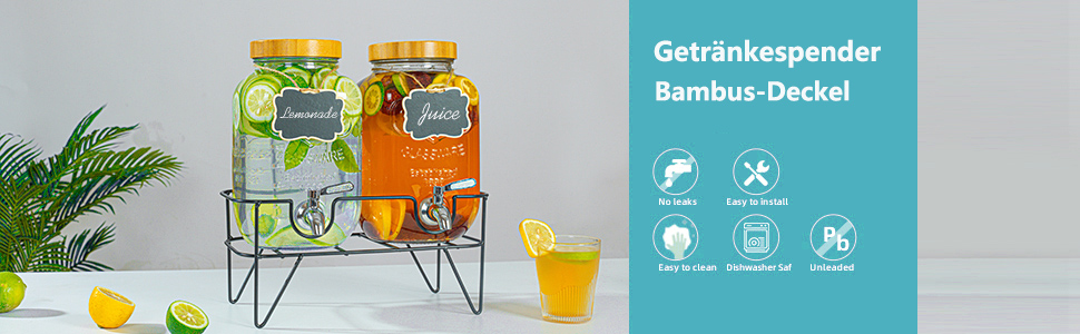 Скляний диспенсер для напоїв на 4 літри з краном, 2 шт. з підставкою, для лимонадів, холодного чаю, комбучі. Підходить для вечірок, свят, бамбукова кришка